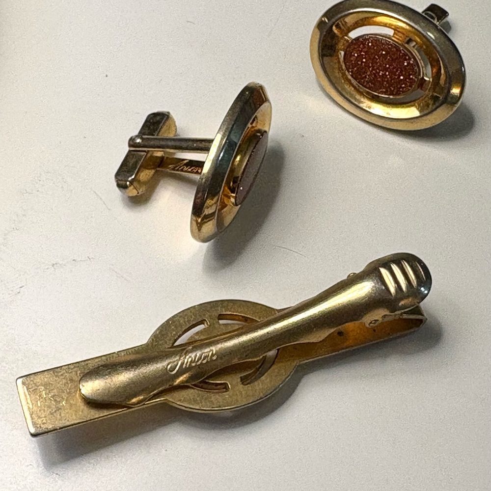 Vintage Anson Gold Tone Cufflinks Tie Bar Set Brown Goldstone - Picture 5 of 6
